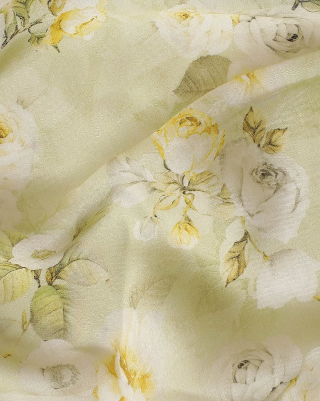 Pistachio green synthetic satin fabric with multicolor print in floral design-D17348 (2 mtrs) Regal Fabrics