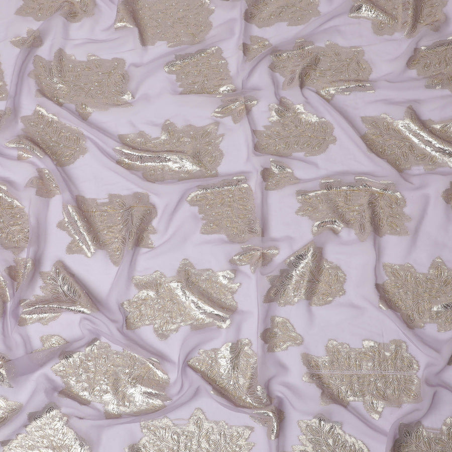 Light lilac synthetic chiffon fabric with gold metallic lurex having stone work in floral design-17360 (2.25 mtrs)