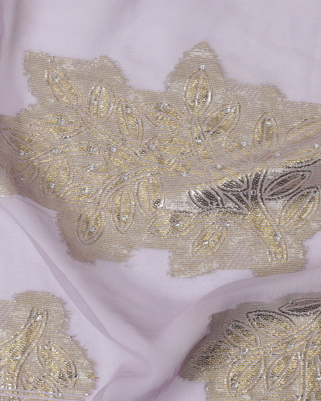 Light lilac synthetic chiffon fabric with gold metallic lurex having stone work in floral design-17360 (2.25 mtrs)