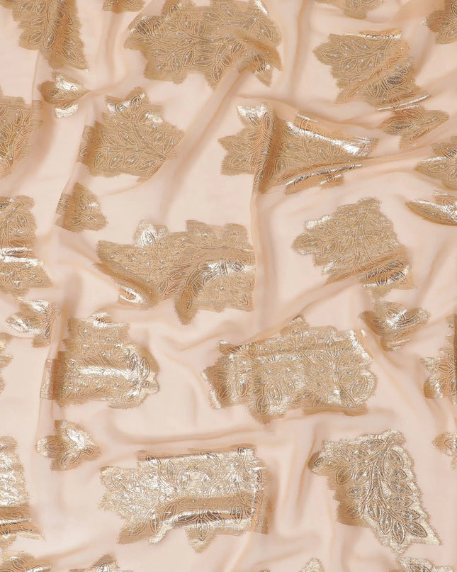 Peach synthetic chiffon fabric with gold metallic lurex having stone work in floral design-17361 (2 mtrs) Regal Fabrics
