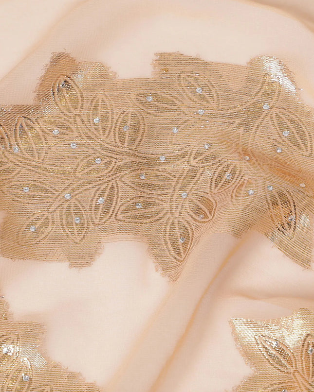 Peach synthetic chiffon fabric with gold metallic lurex having stone work in floral design-17361 (2 mtrs) Regal Fabrics