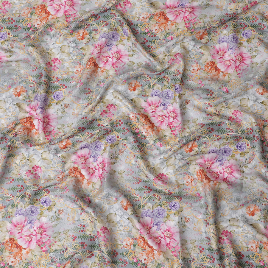 قماش كريب صناعي أخضر لوريل مع طباعة متعددة الألوان بتصميم زهور-D17362 (1.5 متر)