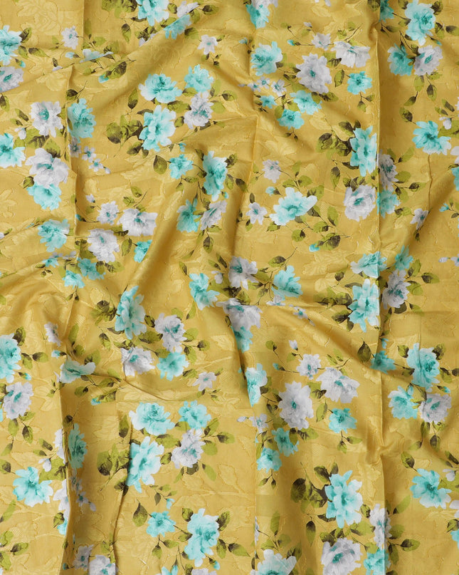 Lime green uragiri cotton voile fabric with same tone jacquard having multicolor print in floral design-D17363 (1.65 mtrs)