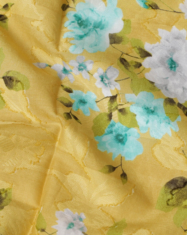 Lime green uragiri cotton voile fabric with same tone jacquard having multicolor print in floral design-D17363 (1.65 mtrs)