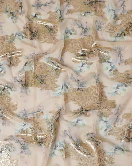 Light peach synthetic chiffon fabric with gold metallic lurex in floral design-17364 (2.5 mtrs) Regal Fabrics