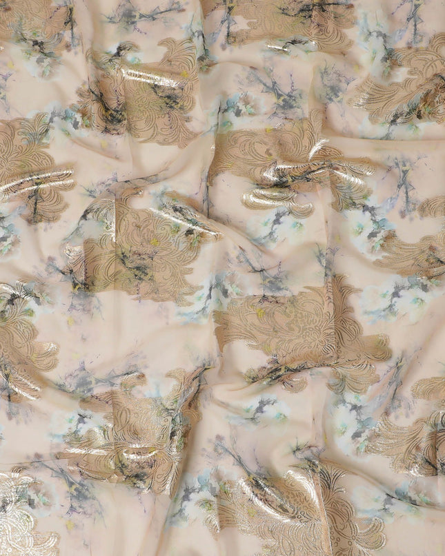 Light peach synthetic chiffon fabric with gold metallic lurex in floral design-17364 (2.5 mtrs)