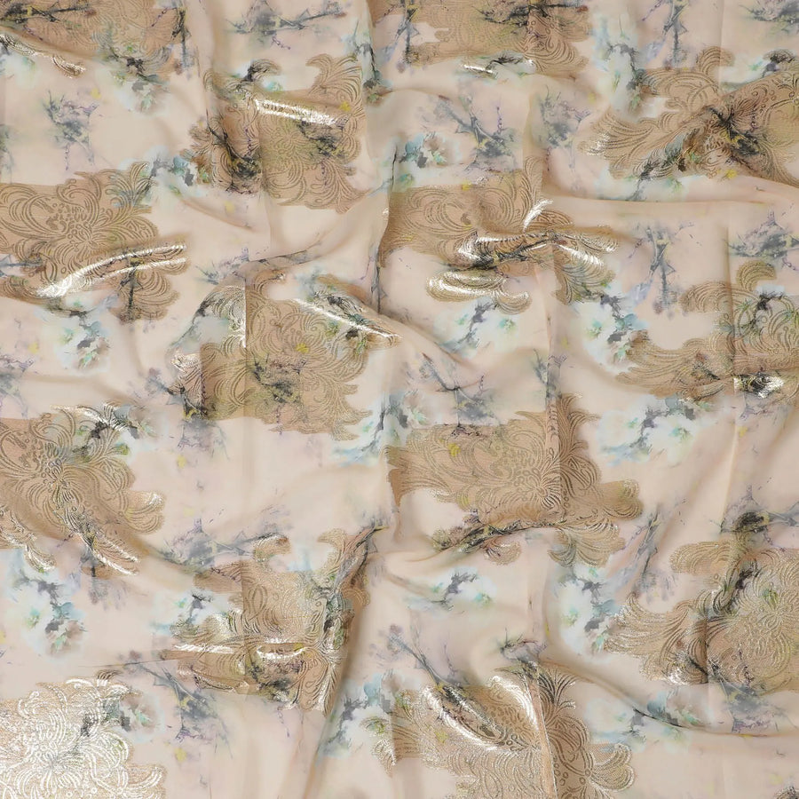 Light peach synthetic chiffon fabric with gold metallic lurex in floral design-17364 (2.5 mtrs) Regal Fabrics