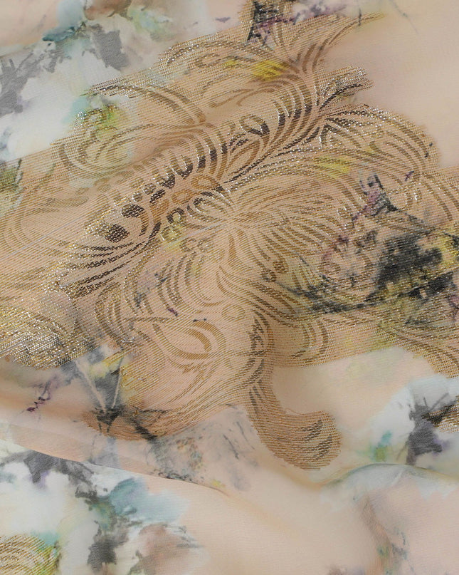 Light peach synthetic chiffon fabric with gold metallic lurex in floral design-17364 (2.5 mtrs)