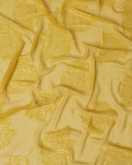 Mustard yellow synthetic chiffon fabric with same tone metallic lurex in floral design-D17365 (2.75 mtrs)