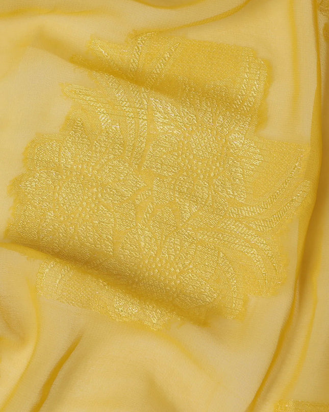 Mustard yellow synthetic chiffon fabric with same tone metallic lurex in floral design-D17365 (2.75 mtrs) Regal Fabrics