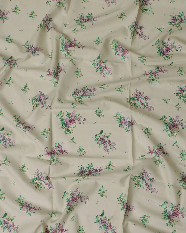 Tea green cotton lawn fabric with multicolor print in floral design-D17366 (1.9 mtrs) Regal Fabrics