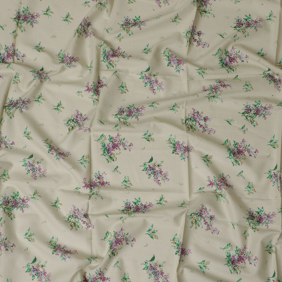 قماش قطني أخضر الشاي مع طباعة متعددة الألوان بتصميم زهور-D17366 (1.9 متر)