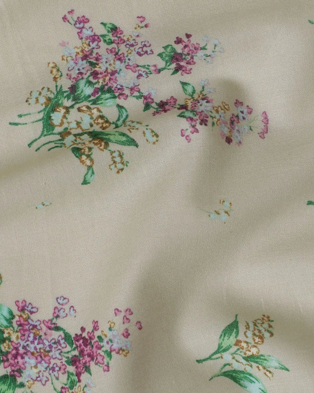 Tea green cotton lawn fabric with multicolor print in floral design-D17366 (1.9 mtrs) Regal Fabrics