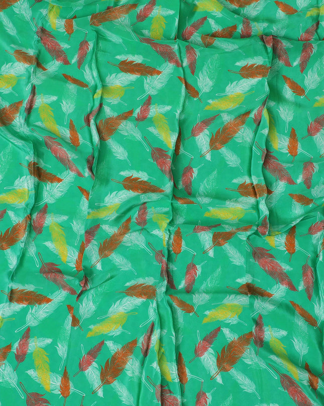 Green synthetic crepe fabric with multicolor print in Leaf design-D17367 (3 mtrs)