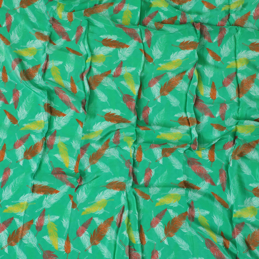 Green synthetic crepe fabric with multicolor print in Leaf design-D17367 (3 mtrs)