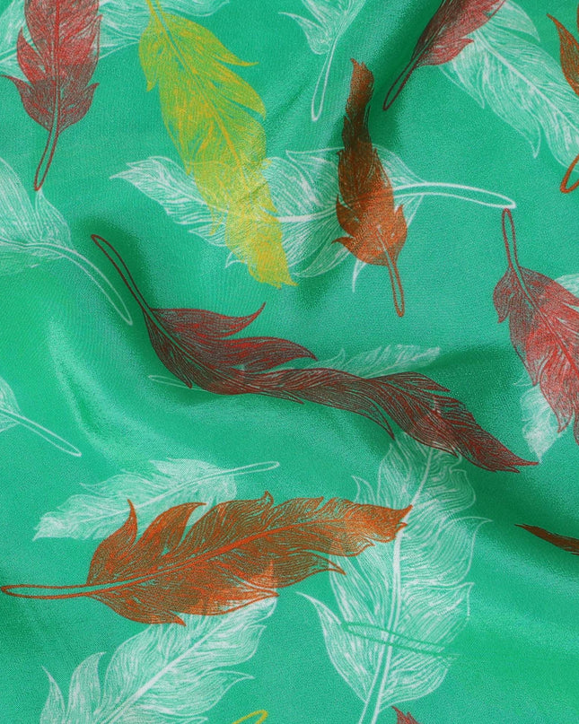 Green synthetic crepe fabric with multicolor print in Leaf design-D17367 (3 mtrs)
