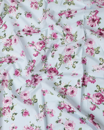 Powder blue cotton lawn fabric with multicolor print in floral design-D17372 (1.75 mtrs)