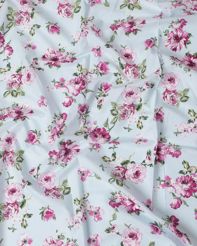 Powder blue cotton lawn fabric with multicolor print in floral design-D17372 (1.75 mtrs) Regal Fabrics