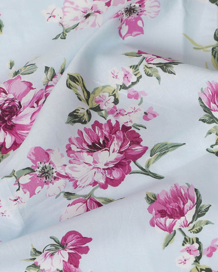 Powder blue cotton lawn fabric with multicolor print in floral design-D17372 (1.75 mtrs)