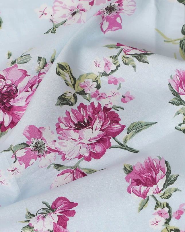 Powder blue cotton lawn fabric with multicolor print in floral design-D17372 (1.75 mtrs) Regal Fabrics