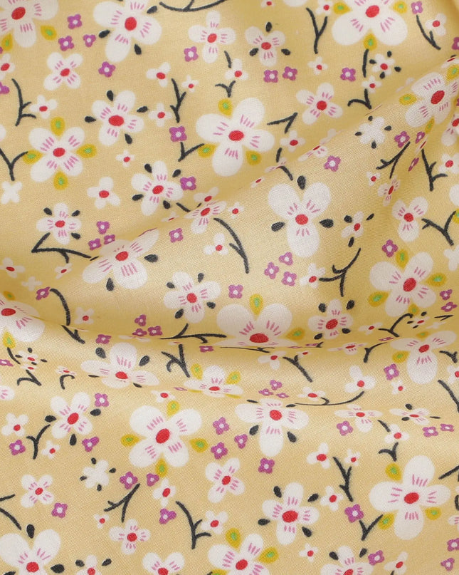 Pale yellow cotton lawn fabric with multicolor print in floral design-D17373 (1.75 mtrs) Regal Fabrics