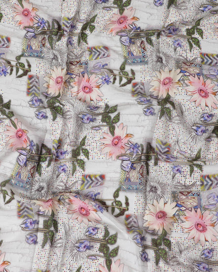 White synthetic crepe fabric with multicolor print in floral design-D17374 (2.5 mtrs)