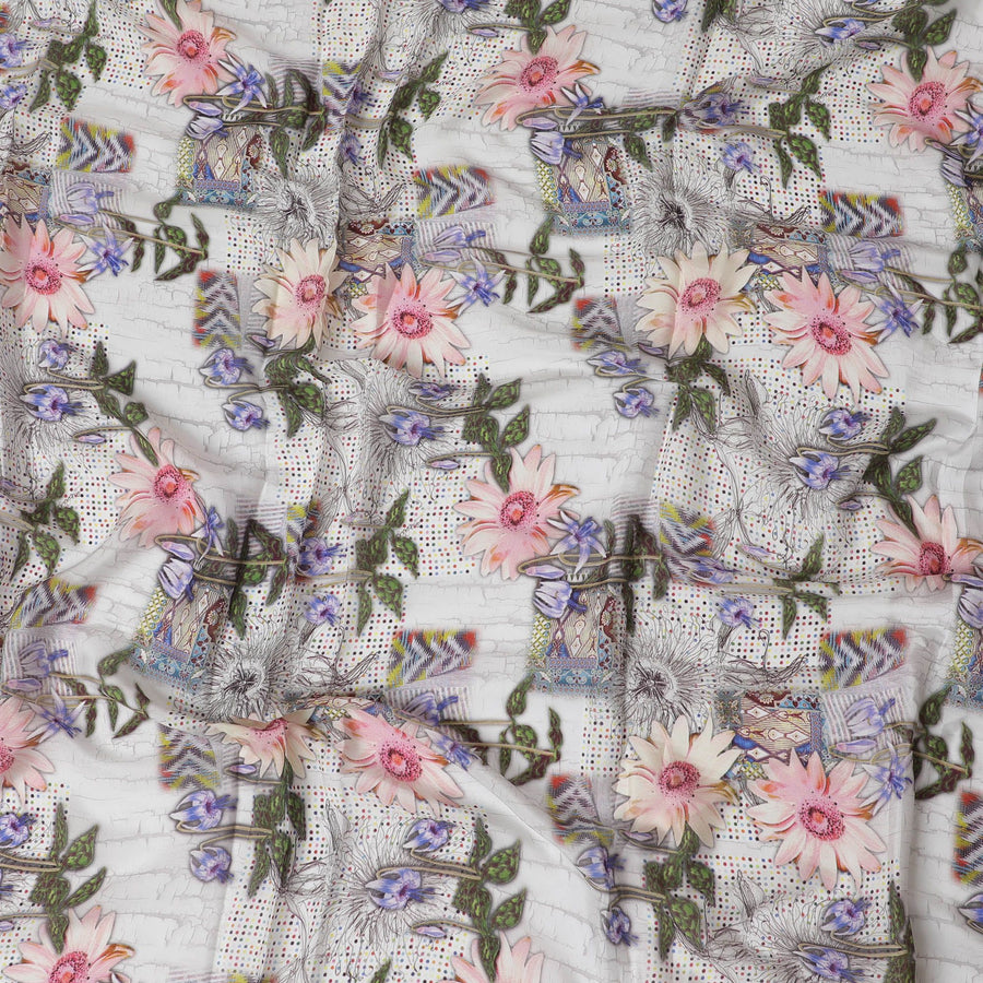 قماش كريب صناعي أبيض مع طباعة متعددة الألوان بتصميم زهور-D17374 (2.5 متر)