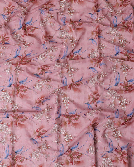 Rose pink cotton voile fabric with clip cord having multicolor print in floral design-D17377 (1.85 mtrs)