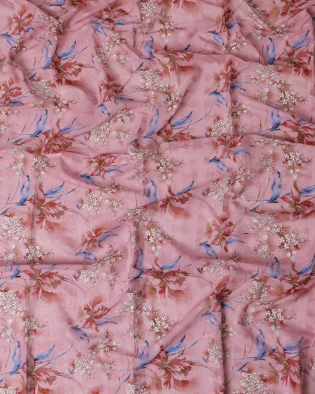 Rose pink cotton voile fabric with clip cord having multicolor print in floral design-D17377 (1.85 mtrs) Regal Fabrics