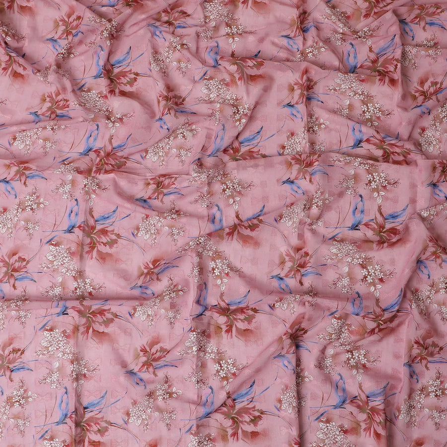 Rose pink cotton voile fabric with clip cord having multicolor print in floral design-D17377 (1.85 mtrs)