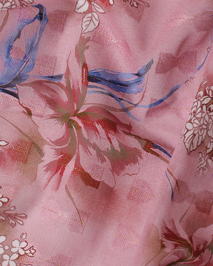 Rose pink cotton voile fabric with clip cord having multicolor print in floral design-D17377 (1.85 mtrs)