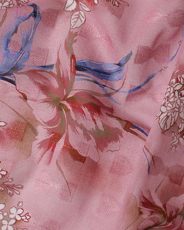 Rose pink cotton voile fabric with clip cord having multicolor print in floral design-D17377 (1.85 mtrs) Regal Fabrics