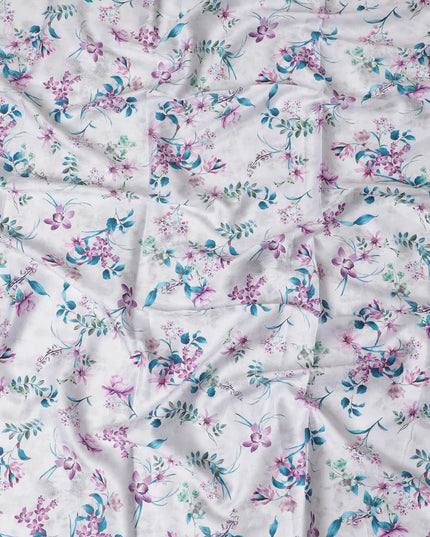 Pearl grey cotton satin fabric with multicolor print in floral design-D17379 (1.7 mtrs) Regal Fabrics