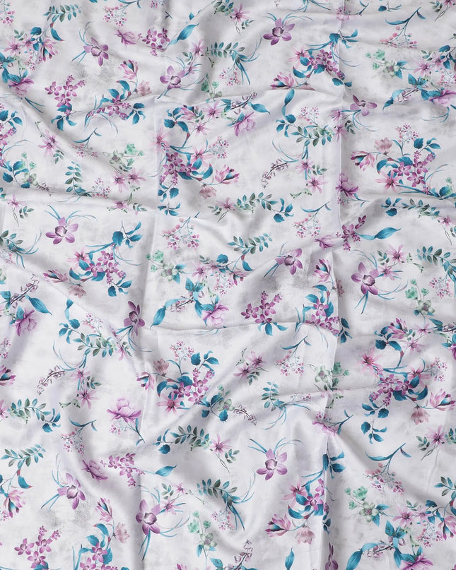 Pearl grey cotton satin fabric with multicolor print in floral design-D17379 (1.7 mtrs) Regal Fabrics