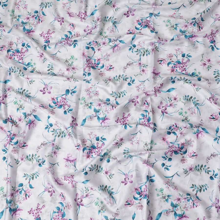 Pearl grey cotton satin fabric with multicolor print in floral design-D17379 (1.7 mtrs) Regal Fabrics