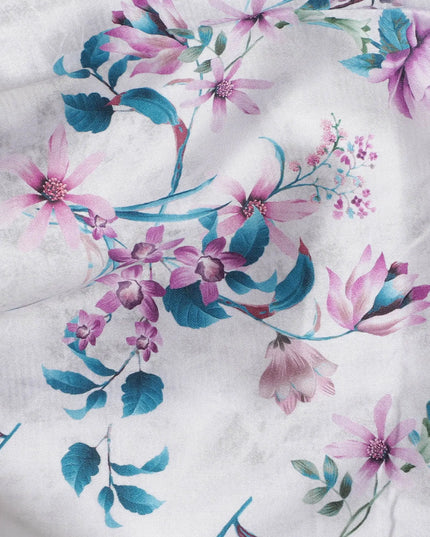 Pearl grey cotton satin fabric with multicolor print in floral design-D17379 (1.7 mtrs) Regal Fabrics