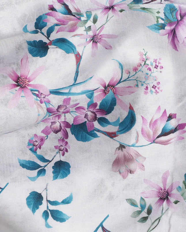 Pearl grey cotton satin fabric with multicolor print in floral design-D17379 (1.7 mtrs) Regal Fabrics