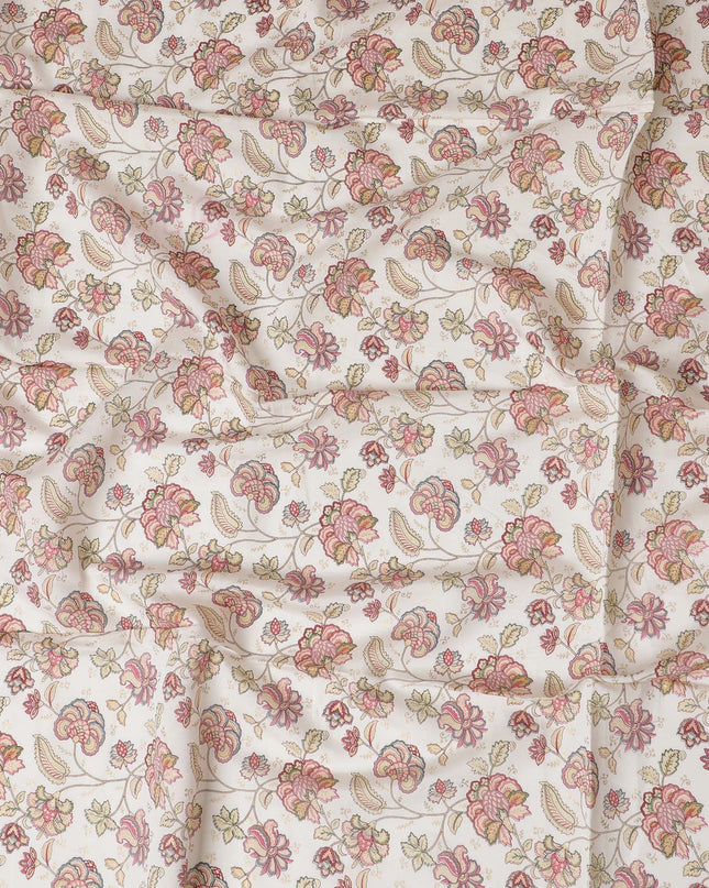 Beige synthetic cotton fabric with multicolor print in floral design-D17380 (1.9 mtrs)