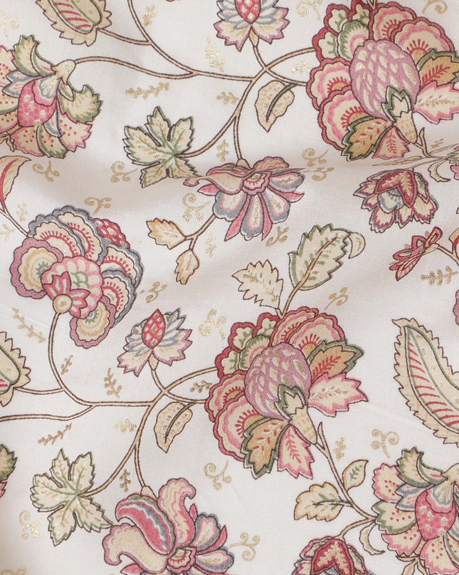 Beige synthetic cotton fabric with multicolor print in floral design-D17380 (1.9 mtrs)