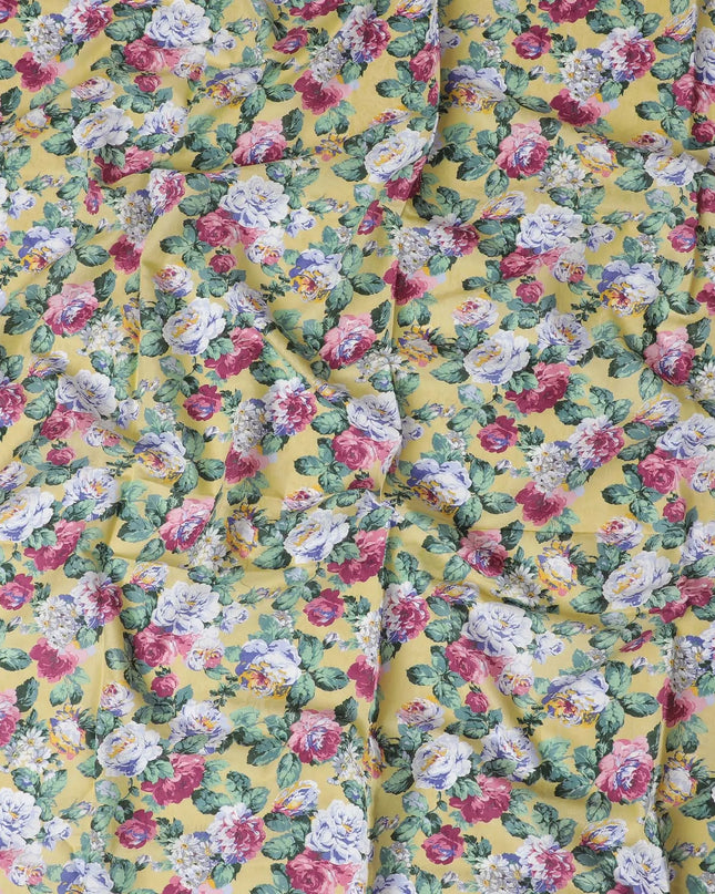 Mustard yellow cotton lawn fabric with multicolor print in floral design-D17383 (1.55 mtrs) Regal Fabrics