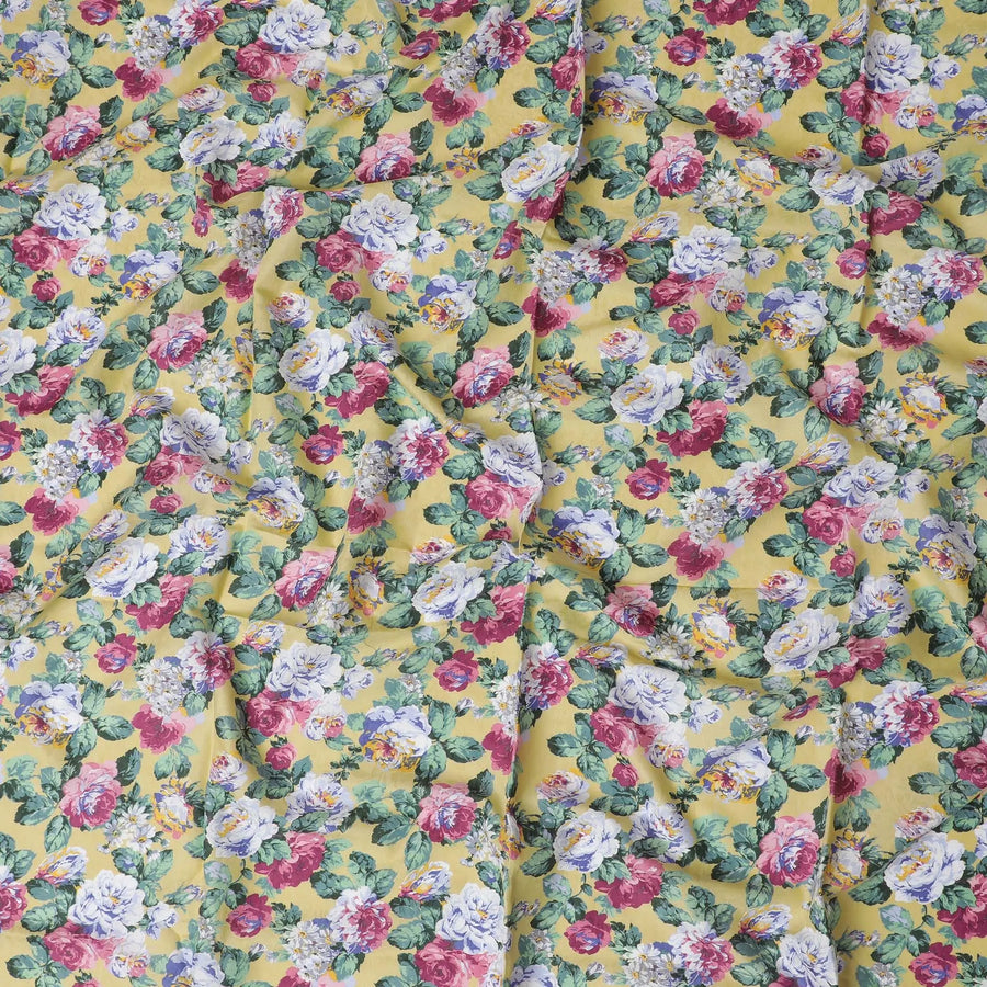 Mustard yellow cotton lawn fabric with multicolor print in floral design-D17383 (1.55 mtrs) Regal Fabrics