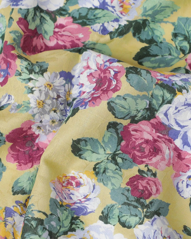 Mustard yellow cotton lawn fabric with multicolor print in floral design-D17383 (1.55 mtrs) Regal Fabrics