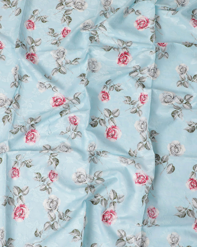 Baby blue uragiri cotton voile fabric with same tone jacquard having multicolor print in floral design-D17384 (1.65 mtrs)