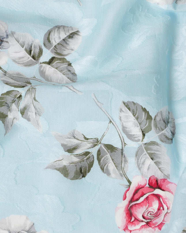 Baby blue uragiri cotton voile fabric with same tone jacquard having multicolor print in floral design-D17384 (1.65 mtrs)