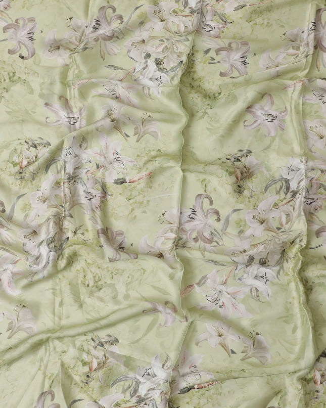 Paris green synthetic satin fabric with same tone and pale brown print in floral design-D17387 (1.25 mtrs) Regal Fabrics