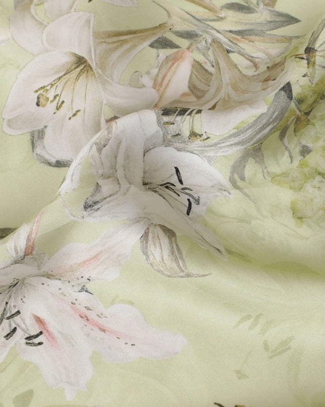Paris green synthetic satin fabric with same tone and pale brown print in floral design-D17387 (1.25 mtrs) Regal Fabrics