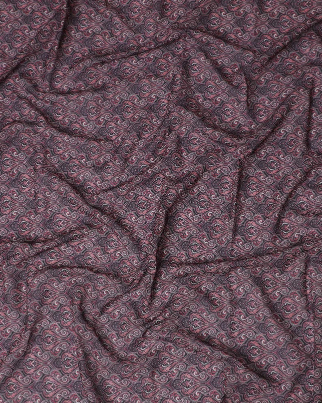 Dark plum cotton voile fabric with white, black and brick red print in abstract design-D17388 (2 mtrs) Regal Fabrics