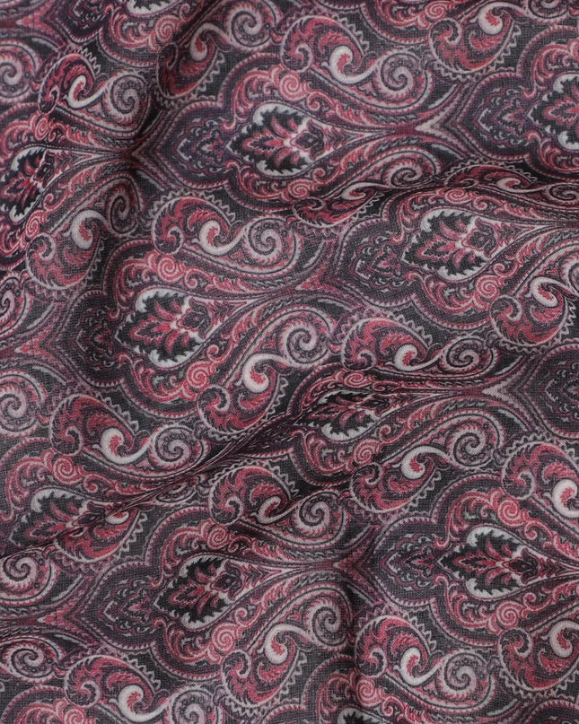 Dark plum cotton voile fabric with white, black and brick red print in abstract design-D17388 (2 mtrs) Regal Fabrics