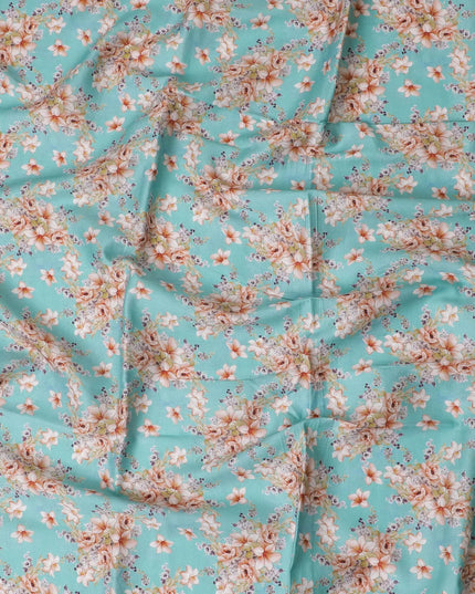 Turquoise blue cotton lawn fabric with multicolor print in floral design-D17390 (1.9 mtrs) Regal Fabrics