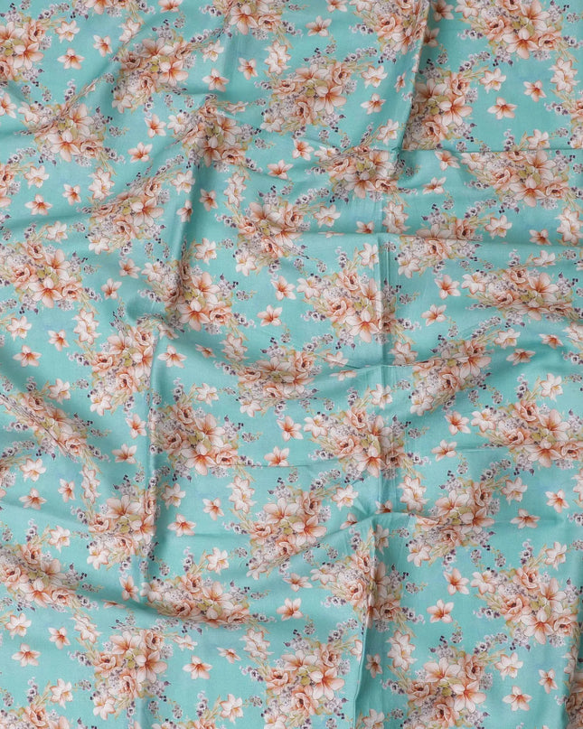 Turquoise blue cotton lawn fabric with multicolor print in floral design-D17390 (1.9 mtrs) Regal Fabrics